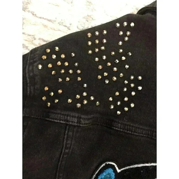 Kloud9 Unisex Medium Black Denim Jacket Destroyed Logo Heartbreaker Embellished - Picture 8 of 11